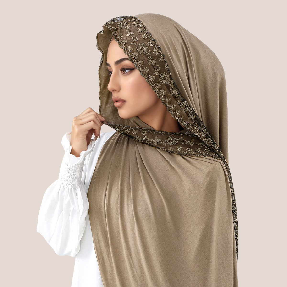 Embroidery Fashion - Dantel İşlemeli Pamuklu Jersey Müslüman Başörtüsü
