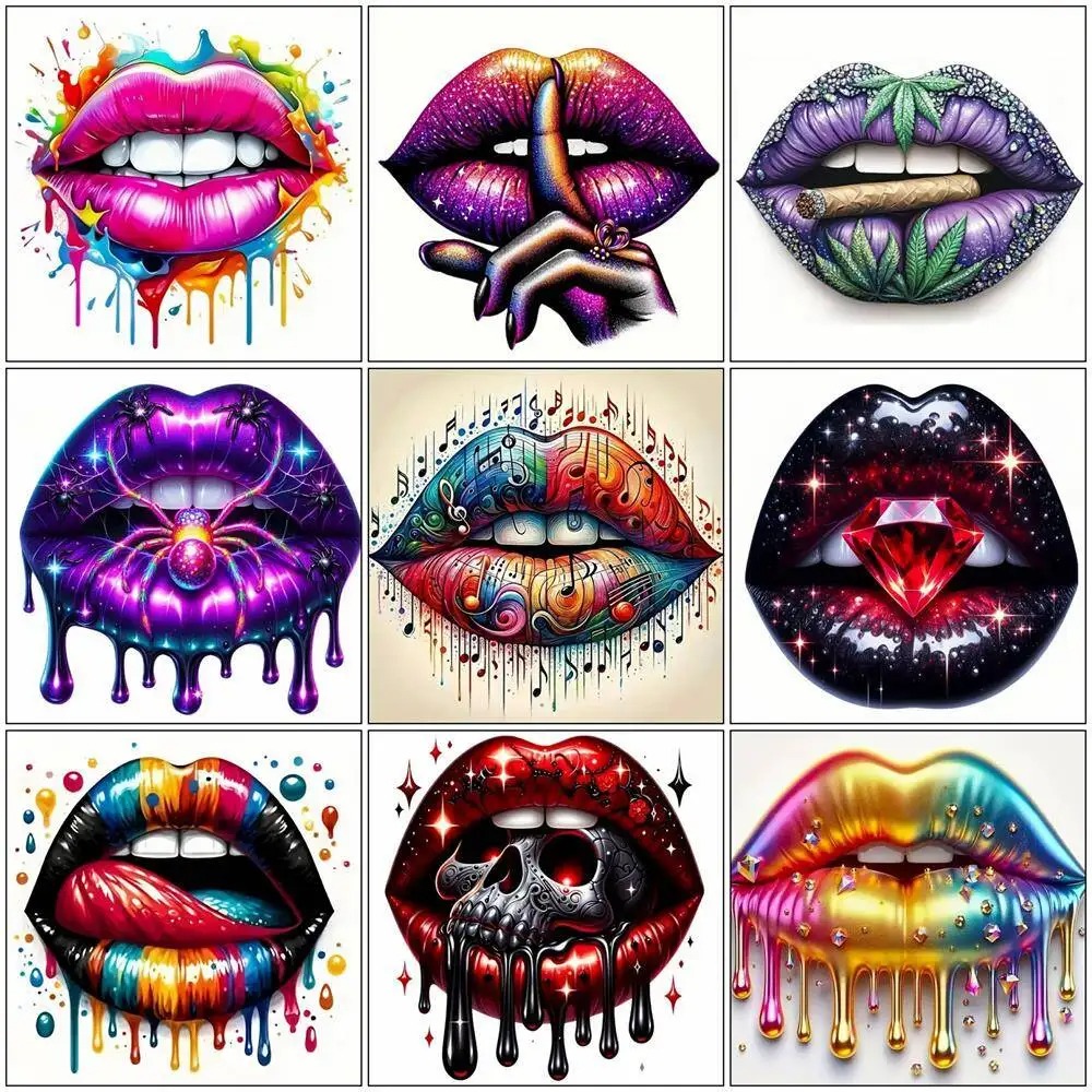 Embroidery Lips - Elmas Boyama Dudak Desenli Tam Kare