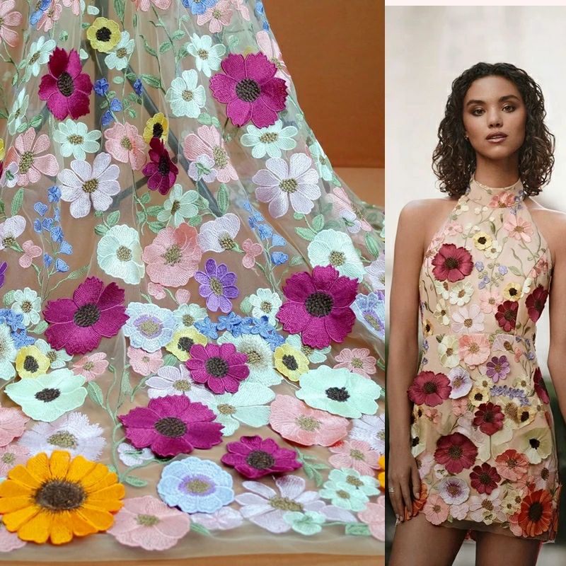 Renkli 3D Çiçek Dantel Kumaş D - Embroidery Net Fabric incelemesi ve fiyatı
